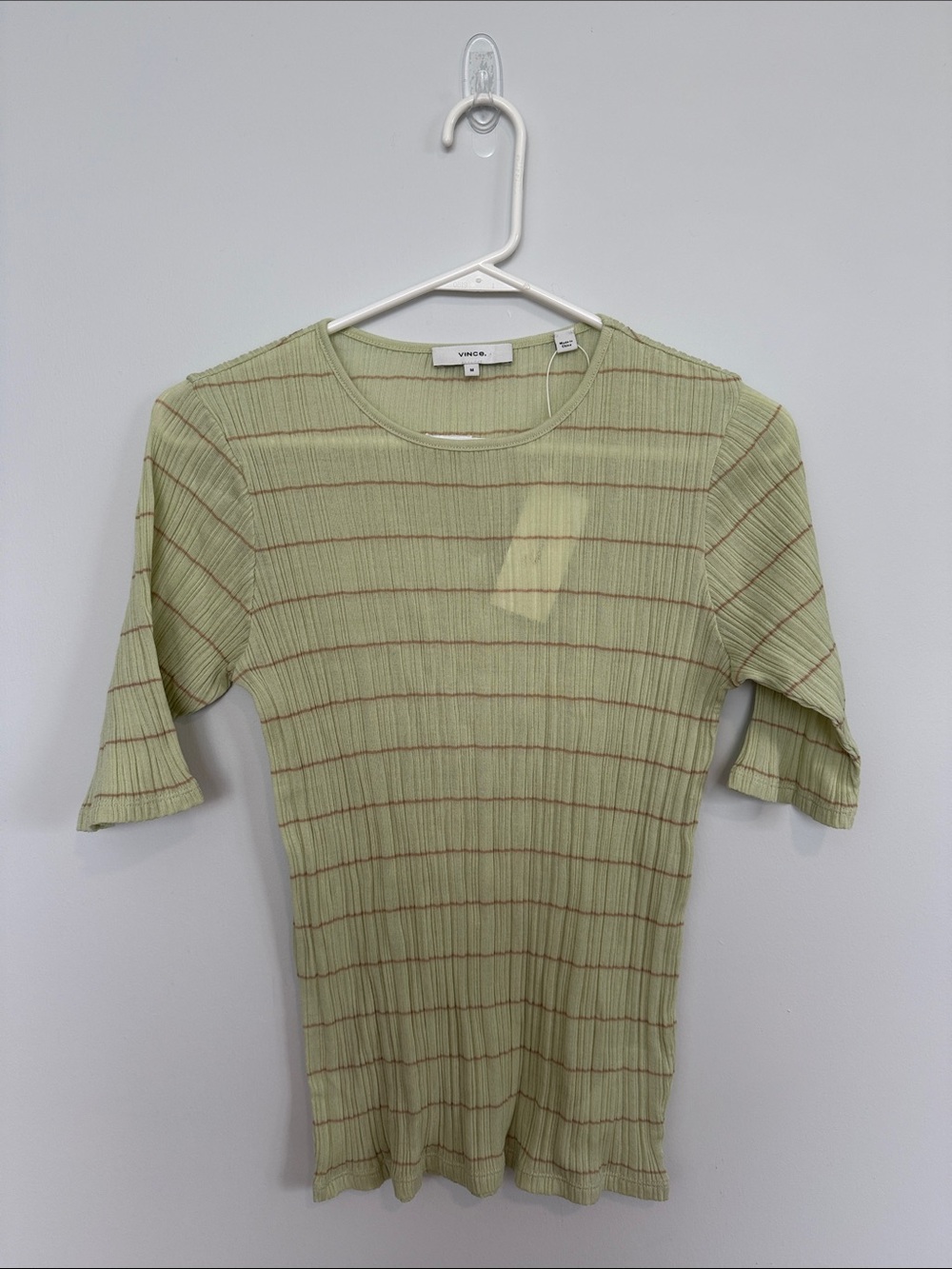 Vince Pale Green Ribbed Short Sleeve Top with Brown Stripes